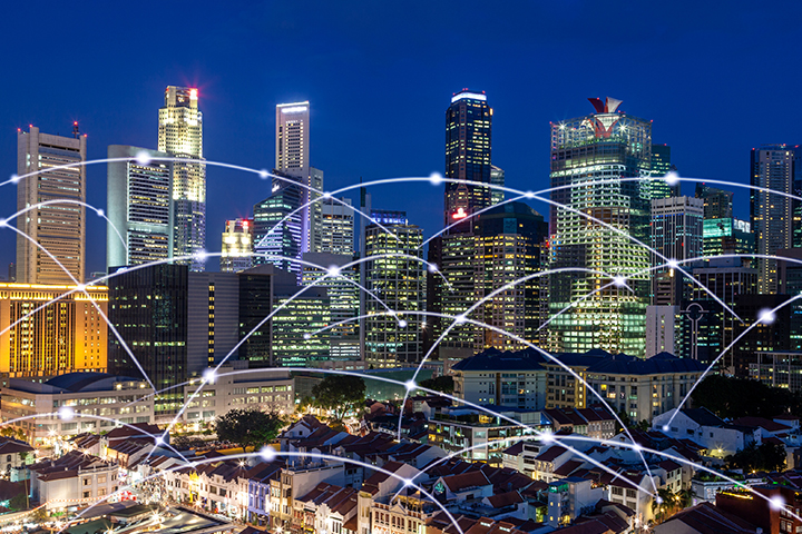 Quadient Digital Advantage Singapore downtown financial center skyline with high speed networking connection showing business high-tech concept