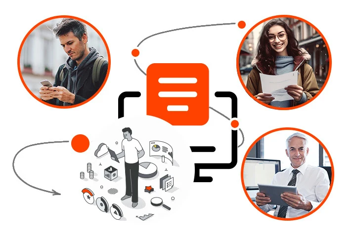 Gartner Market Guide 2023 Icona del computer collegata a persone felici che ricevono comunicazioni su dispositivi digitali
