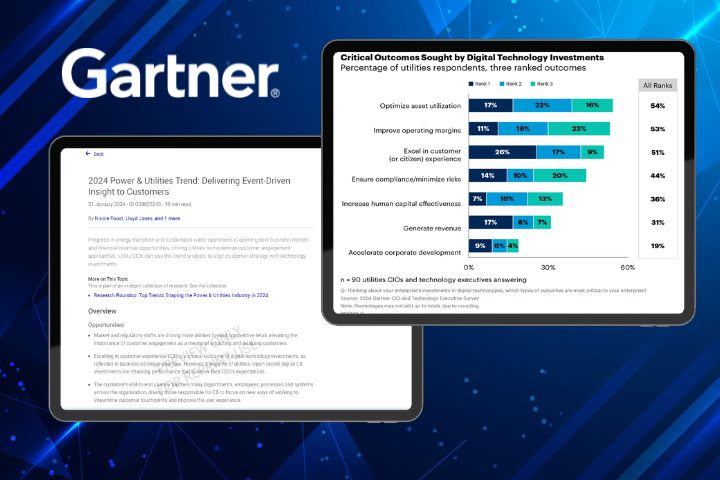 2024 Power & Utilities Trend: Delivering Event-Driven Insight to Customers Two iPads displaying key data figures from Gartner's 2024 Power & Utilities Trend Report