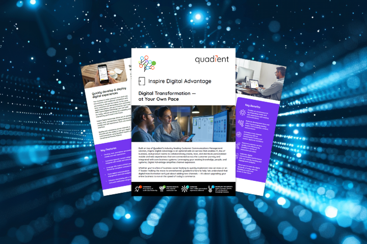 Thumbnail of Inspire Digital Advantage brochure against abstract blue light beams background