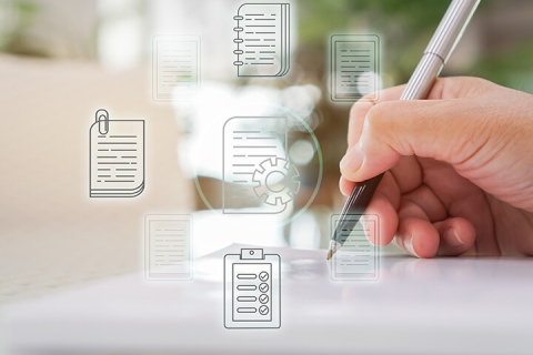 virtual document icons and circular arrow