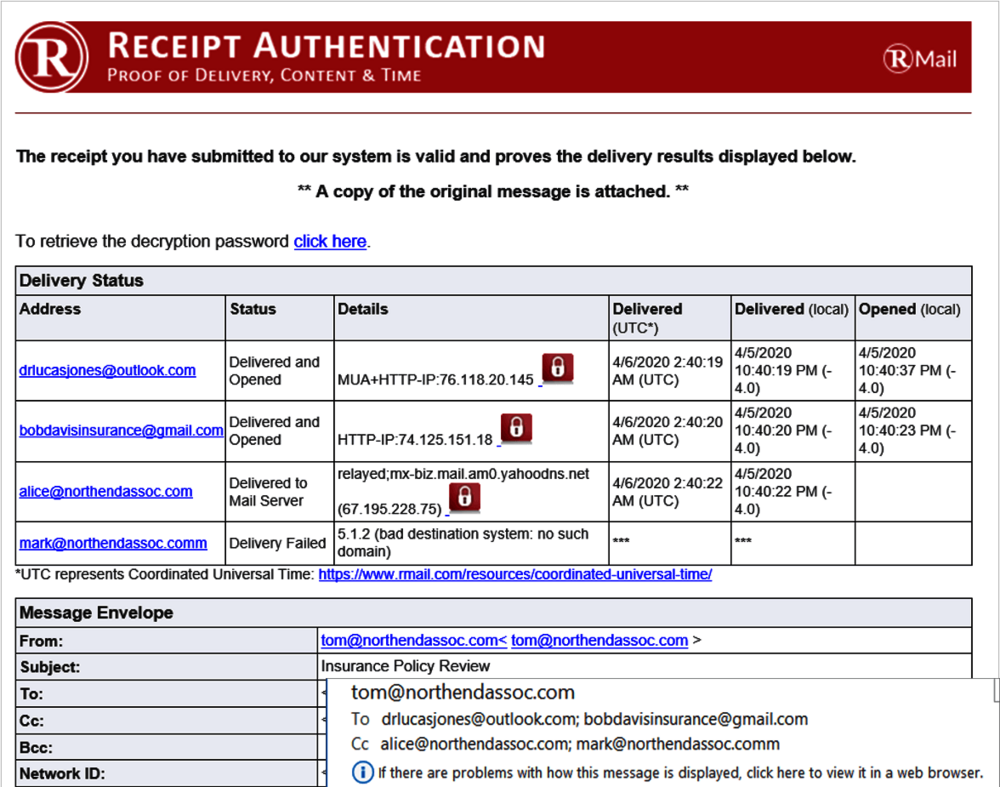 Rmail Receipt Authentication