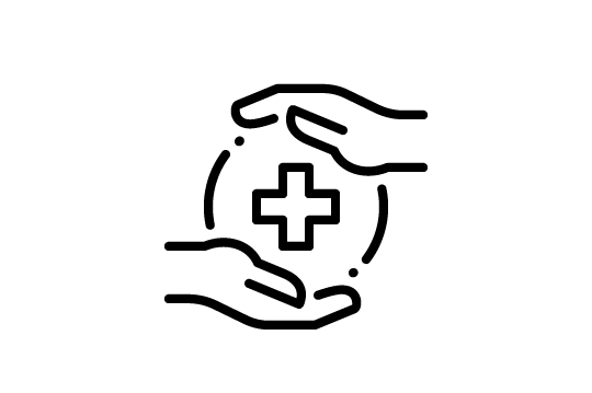 Icon showing hands holding a circle with first aid cross in the middle Icon showing hands holding a circle with first aid cross in the middle
